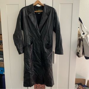 Vintage genuine leather black trench coat leather jacket size small shoulder pad